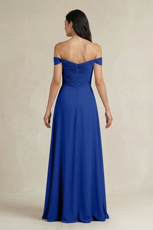 A - Line Pleated Off - the - Shoulder Chiffon Bridesmaid Dress in Royal Blue - KISS BRIDAL Bridesmaid Dresses
