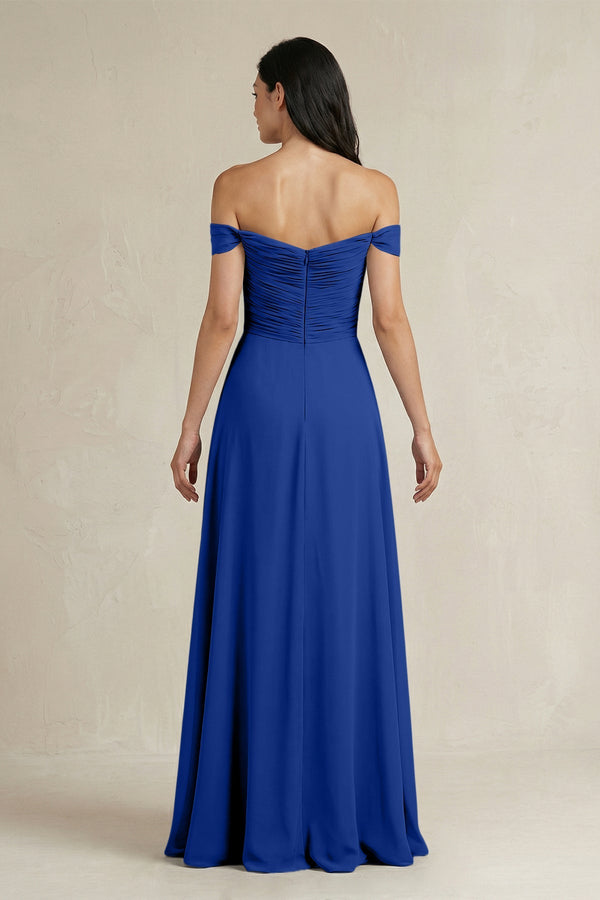A - Line Pleated Off - the - Shoulder Chiffon Bridesmaid Dress in Royal Blue - KISS BRIDAL Bridesmaid Dresses
