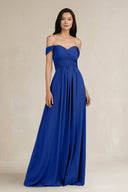 A - Line Pleated Off - the - Shoulder Chiffon Bridesmaid Dress in Royal Blue - KISS BRIDAL Bridesmaid Dresses