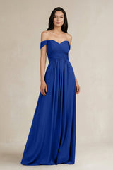 A - Line Pleated Off - the - Shoulder Chiffon Bridesmaid Dress in Royal Blue - KISS BRIDAL Bridesmaid Dresses