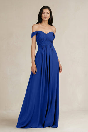 A - Line Pleated Off - the - Shoulder Chiffon Bridesmaid Dress in Royal Blue - KISS BRIDAL Bridesmaid Dresses