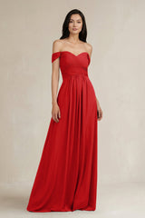 A - Line Pleated Off - the - Shoulder Chiffon Bridesmaid Dress in Ruby Red - KISS BRIDAL Bridesmaid Dresses