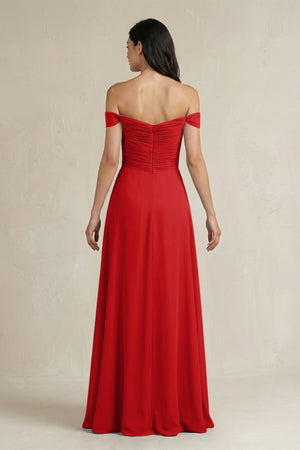 A - Line Pleated Off - the - Shoulder Chiffon Bridesmaid Dress in Ruby Red - SHE IS ME Bridesmaid Dresses