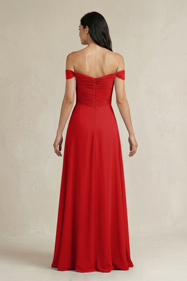 A - Line Pleated Off - the - Shoulder Chiffon Bridesmaid Dress in Ruby Red - SHE IS ME Bridesmaid Dresses