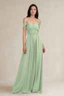 A - Line Pleated Off - the - Shoulder Chiffon Bridesmaid Dress in Sage - KISS BRIDAL Bridesmaid Dresses
