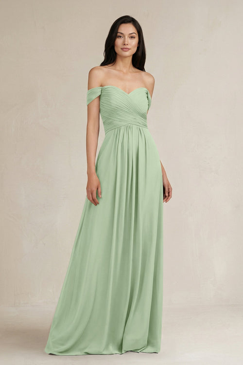 A - Line Pleated Off - the - Shoulder Chiffon Bridesmaid Dress in Sage - KISS BRIDAL Bridesmaid Dresses
