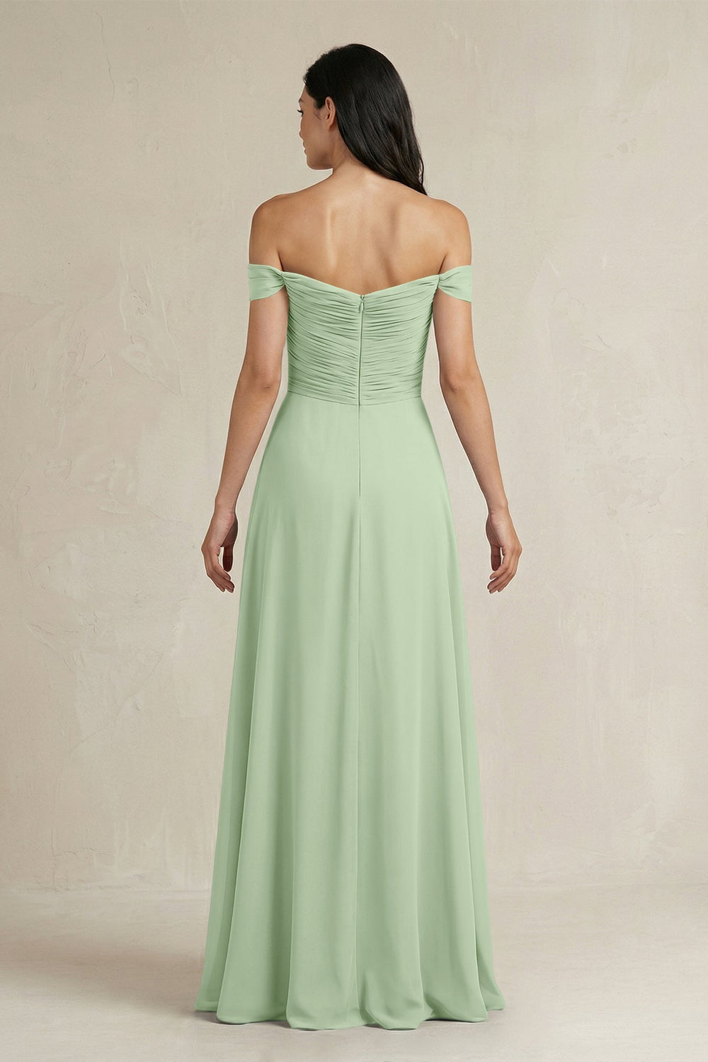 A - Line Pleated Off - the - Shoulder Chiffon Bridesmaid Dress in Sage - KISS BRIDAL Bridesmaid Dresses