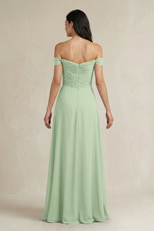 A - Line Pleated Off - the - Shoulder Chiffon Bridesmaid Dress in Sage - KISS BRIDAL Bridesmaid Dresses