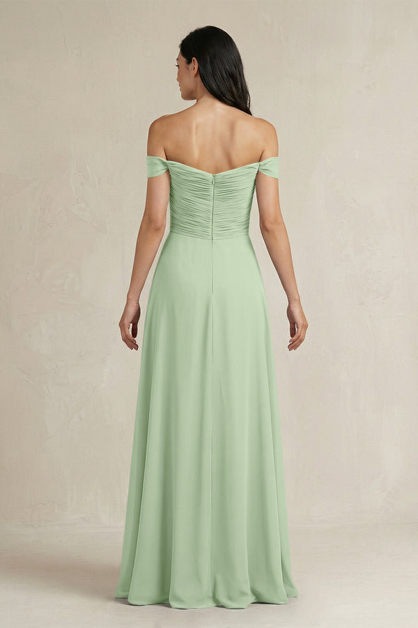 A - Line Pleated Off - the - Shoulder Chiffon Bridesmaid Dress in Sage - KISS BRIDAL Bridesmaid Dresses