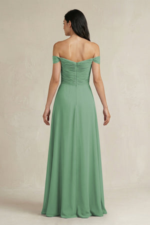 A - Line Pleated Off - the - Shoulder Chiffon Bridesmaid Dress in Sea Glass - KISS BRIDAL Bridesmaid Dresses