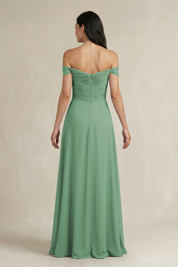 A - Line Pleated Off - the - Shoulder Chiffon Bridesmaid Dress in Sea Glass - KISS BRIDAL Bridesmaid Dresses