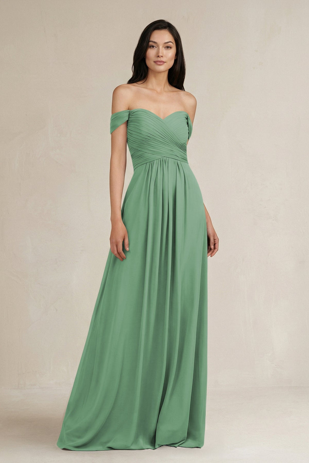 A - Line Pleated Off - the - Shoulder Chiffon Bridesmaid Dress in Sea Glass - KISS BRIDAL Bridesmaid Dresses