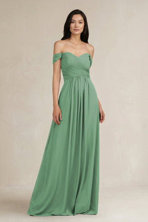 A - Line Pleated Off - the - Shoulder Chiffon Bridesmaid Dress in Sea Glass - KISS BRIDAL Bridesmaid Dresses