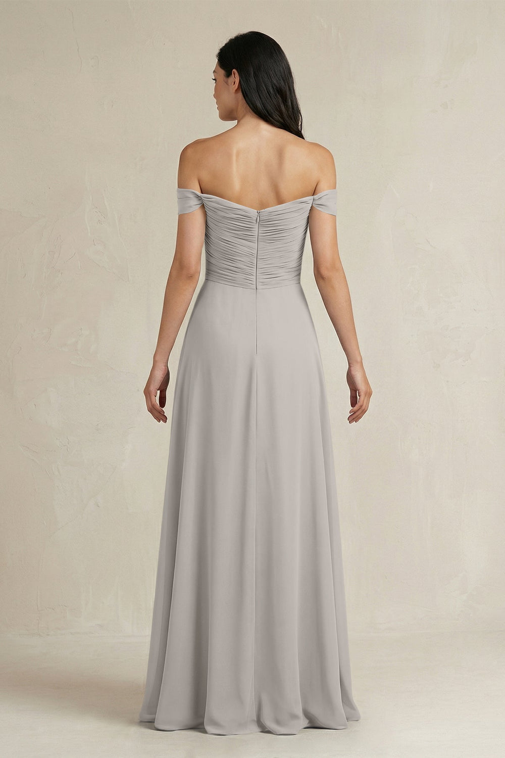 A - Line Pleated Off - the - Shoulder Chiffon Bridesmaid Dress in Silver - KISS BRIDAL Bridesmaid Dresses