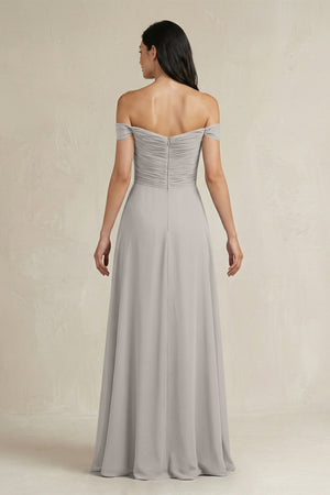 A - Line Pleated Off - the - Shoulder Chiffon Bridesmaid Dress in Silver - KISS BRIDAL Bridesmaid Dresses