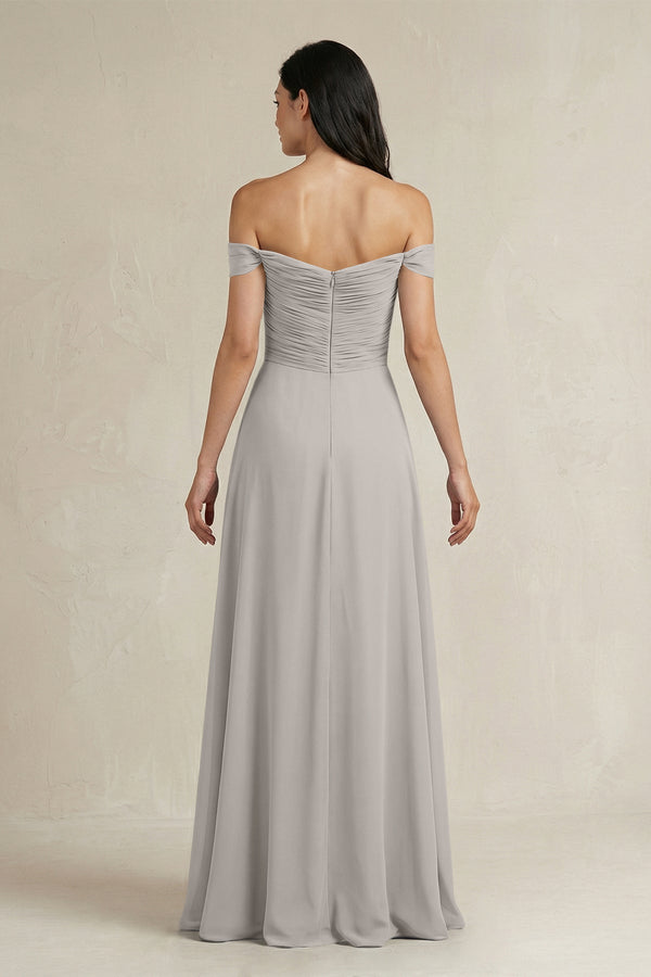 A - Line Pleated Off - the - Shoulder Chiffon Bridesmaid Dress in Silver - KISS BRIDAL Bridesmaid Dresses