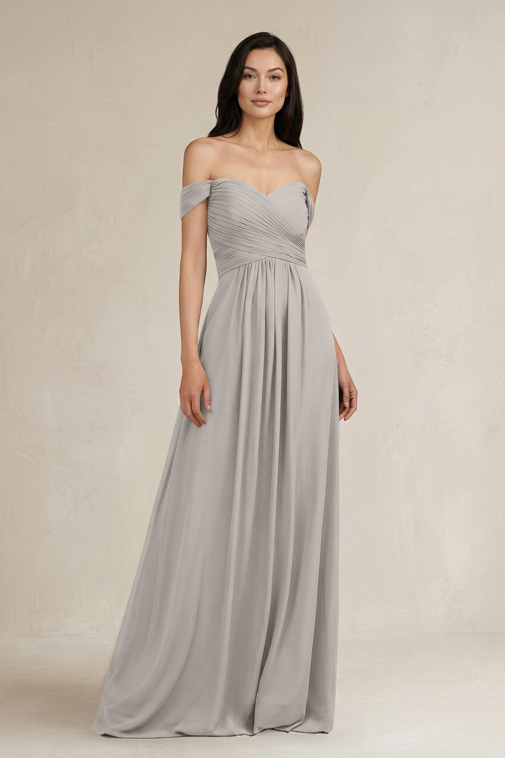 A - Line Pleated Off - the - Shoulder Chiffon Bridesmaid Dress in Silver - KISS BRIDAL Bridesmaid Dresses