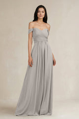 A - Line Pleated Off - the - Shoulder Chiffon Bridesmaid Dress in Silver - KISS BRIDAL Bridesmaid Dresses