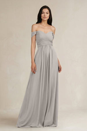 A - Line Pleated Off - the - Shoulder Chiffon Bridesmaid Dress in Silver - KISS BRIDAL Bridesmaid Dresses