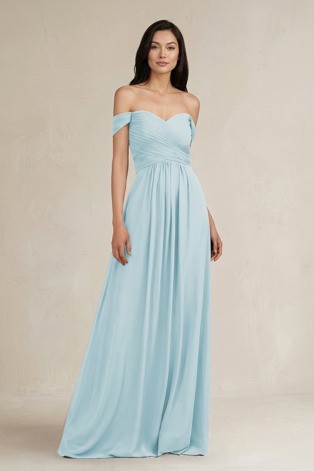 A - Line Pleated Off - the - Shoulder Chiffon Bridesmaid Dress in Sky Blue - KISS BRIDAL Bridesmaid Dresses