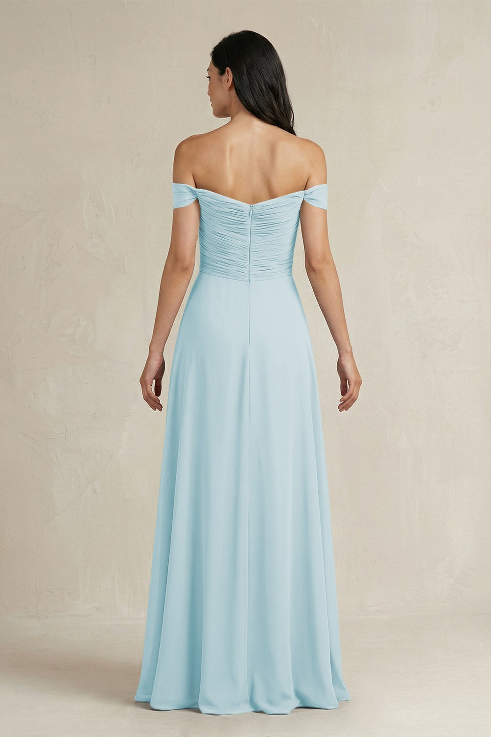 A - Line Pleated Off - the - Shoulder Chiffon Bridesmaid Dress in Sky Blue - KISS BRIDAL Bridesmaid Dresses