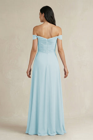 A - Line Pleated Off - the - Shoulder Chiffon Bridesmaid Dress in Sky Blue - KISS BRIDAL Bridesmaid Dresses