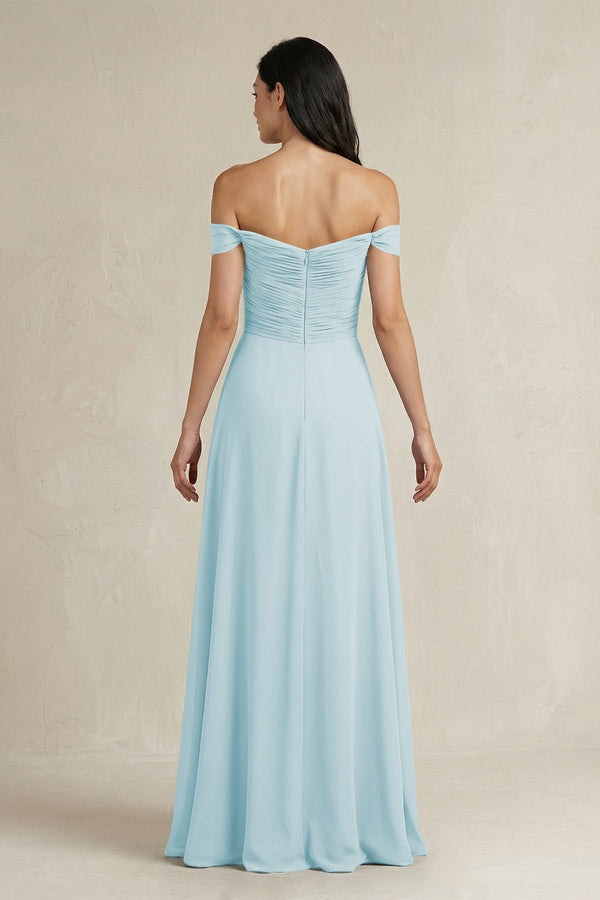 A - Line Pleated Off - the - Shoulder Chiffon Bridesmaid Dress in Sky Blue - KISS BRIDAL Bridesmaid Dresses