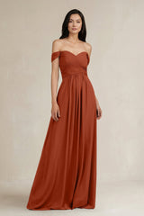 A - Line Pleated Off - the - Shoulder Chiffon Bridesmaid Dress in Spice - KISS BRIDAL Bridesmaid Dresses