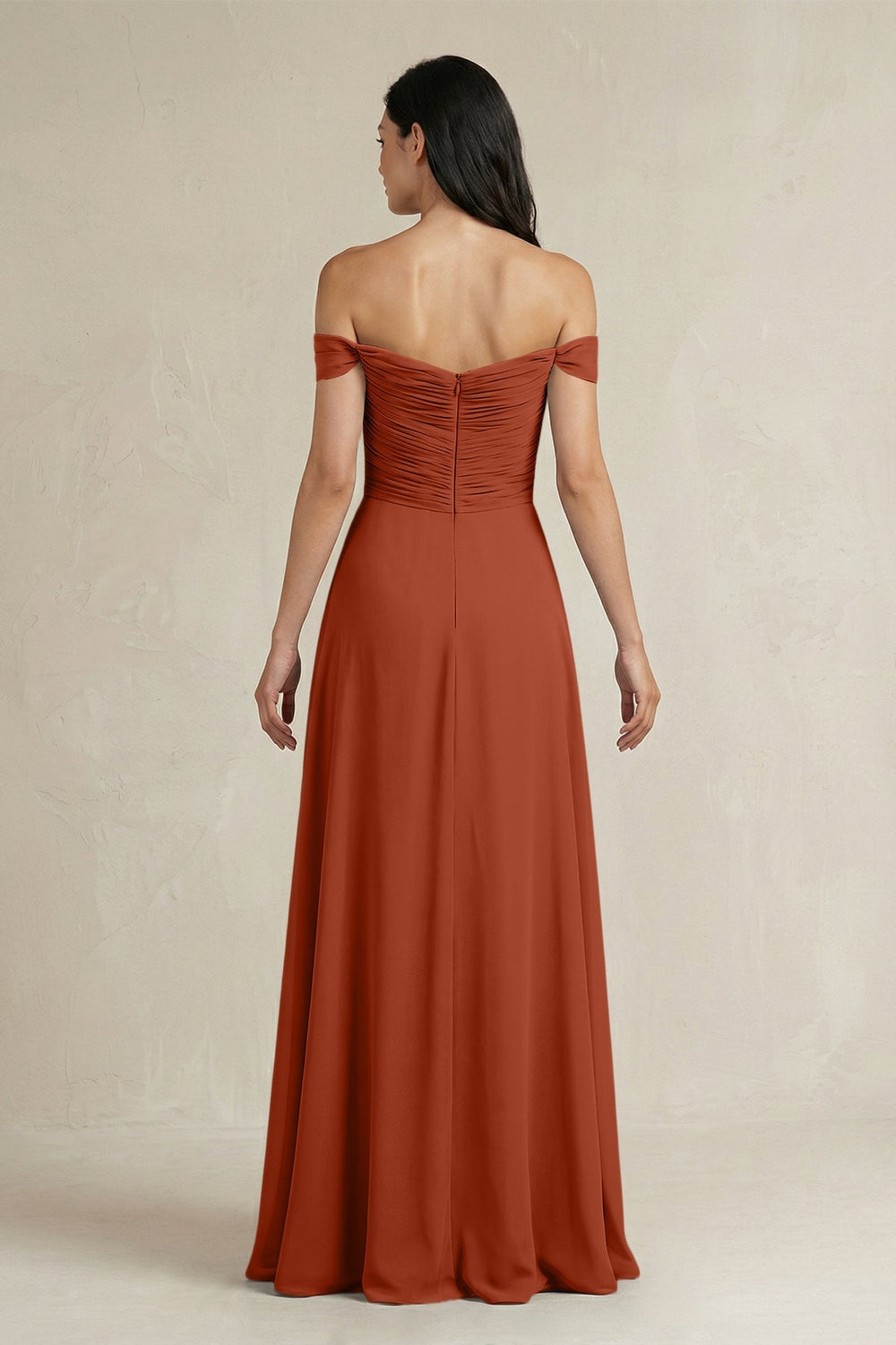 A - Line Pleated Off - the - Shoulder Chiffon Bridesmaid Dress in Spice - KISS BRIDAL Bridesmaid Dresses