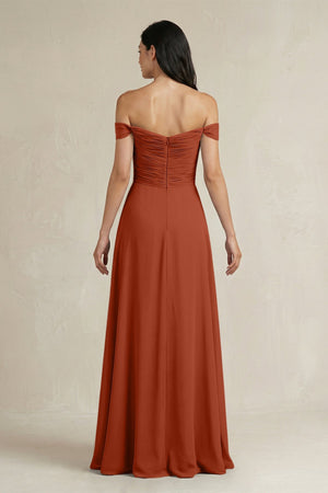 A - Line Pleated Off - the - Shoulder Chiffon Bridesmaid Dress in Spice - KISS BRIDAL Bridesmaid Dresses