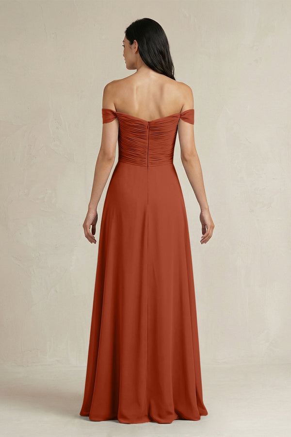 A - Line Pleated Off - the - Shoulder Chiffon Bridesmaid Dress in Spice - KISS BRIDAL Bridesmaid Dresses