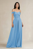 A - Line Pleated Off - the - Shoulder Chiffon Bridesmaid Dress in Steel Blue - SHE IS ME Bridesmaid Dresses