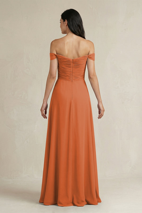 A - Line Pleated Off - the - Shoulder Chiffon Bridesmaid Dress in Terracotta - KISS BRIDAL Bridesmaid Dresses