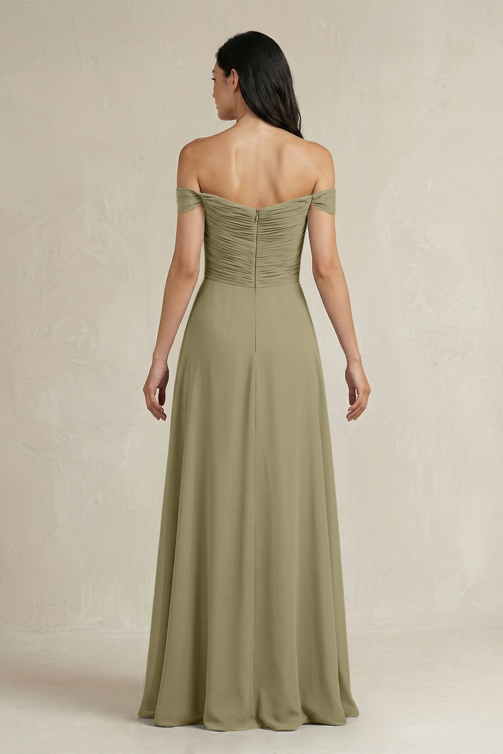 A - Line Pleated Off - the - Shoulder Chiffon Bridesmaid Dress in Thyme - KISS BRIDAL Bridesmaid Dresses