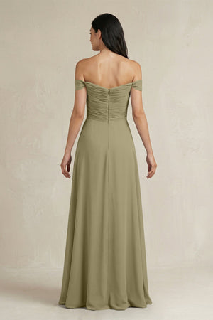 A - Line Pleated Off - the - Shoulder Chiffon Bridesmaid Dress in Thyme - KISS BRIDAL Bridesmaid Dresses