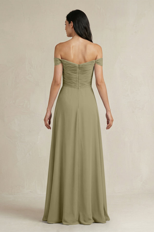 A - Line Pleated Off - the - Shoulder Chiffon Bridesmaid Dress in Thyme - KISS BRIDAL Bridesmaid Dresses