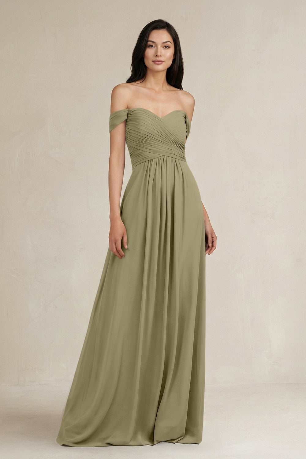 A - Line Pleated Off - the - Shoulder Chiffon Bridesmaid Dress in Thyme - KISS BRIDAL Bridesmaid Dresses