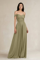 A - Line Pleated Off - the - Shoulder Chiffon Bridesmaid Dress in Thyme - KISS BRIDAL Bridesmaid Dresses