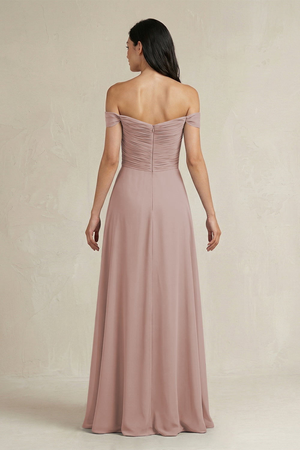 A-Line Pleated Off-the-Shoulder Chiffon Bridesmaid Dress in Toffee
