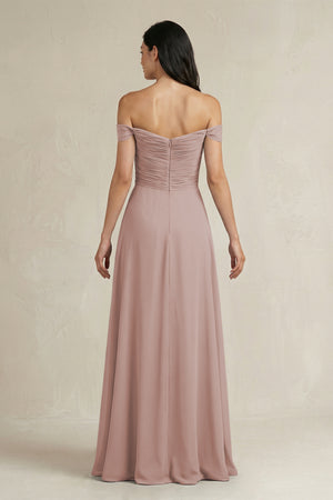 A-Line Pleated Off-the-Shoulder Chiffon Bridesmaid Dress in Toffee (2) | KISSBRIDAL
