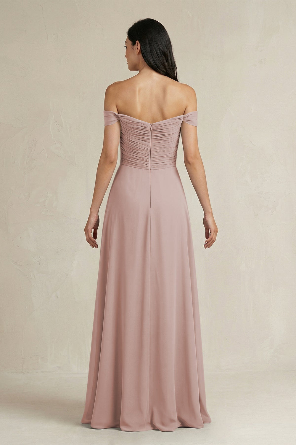 A - Line Pleated Off - the - Shoulder Chiffon Bridesmaid Dress in Toffee - KISS BRIDAL Bridesmaid Dresses