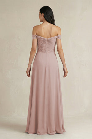 A - Line Pleated Off - the - Shoulder Chiffon Bridesmaid Dress in Toffee - KISS BRIDAL Bridesmaid Dresses