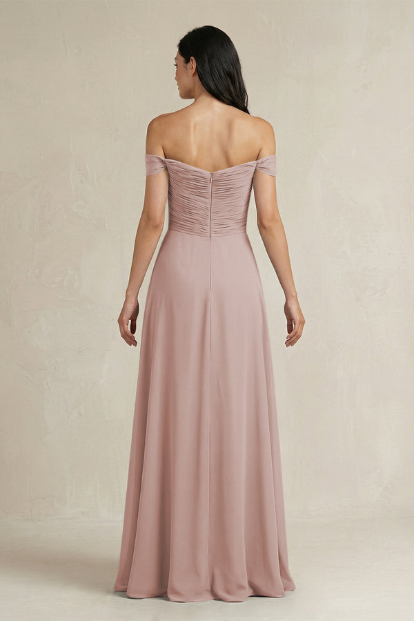 A - Line Pleated Off - the - Shoulder Chiffon Bridesmaid Dress in Toffee - KISS BRIDAL Bridesmaid Dresses