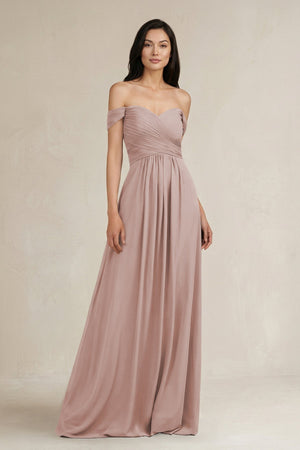 A - Line Pleated Off - the - Shoulder Chiffon Bridesmaid Dress in Toffee - KISS BRIDAL Bridesmaid Dresses