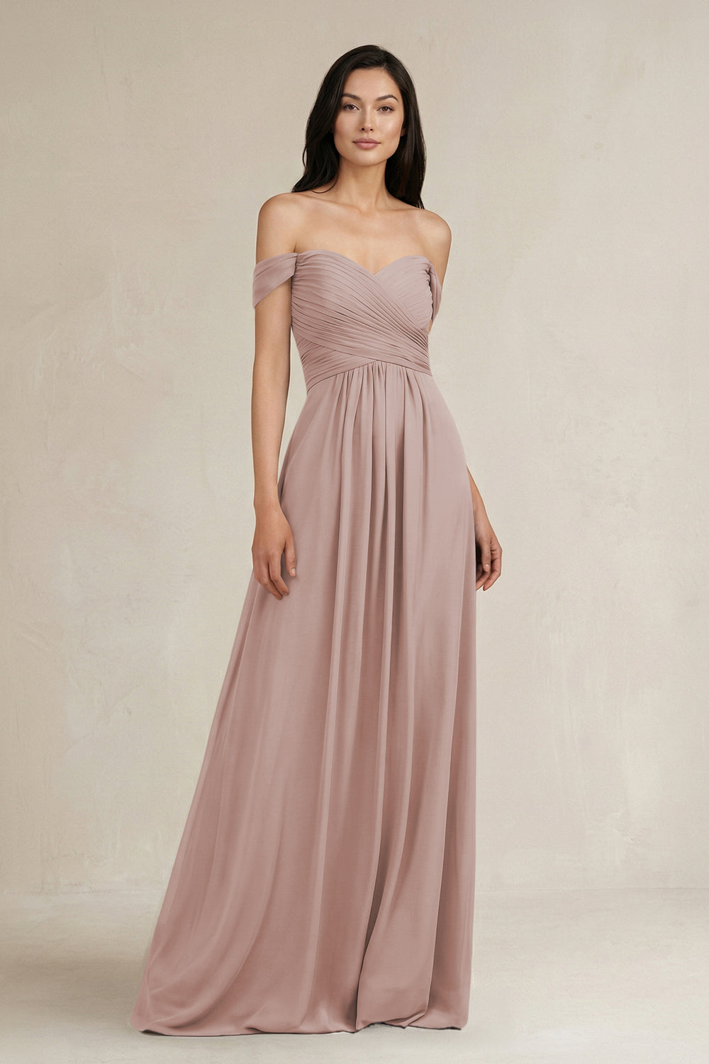 A-Line Pleated Off-the-Shoulder Chiffon Bridesmaid Dress in Toffee