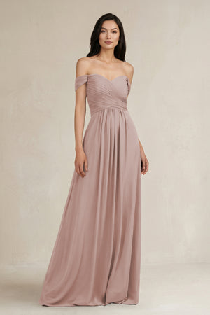 A-Line Pleated Off-the-Shoulder Chiffon Bridesmaid Dress in Toffee | KISSBRIDAL