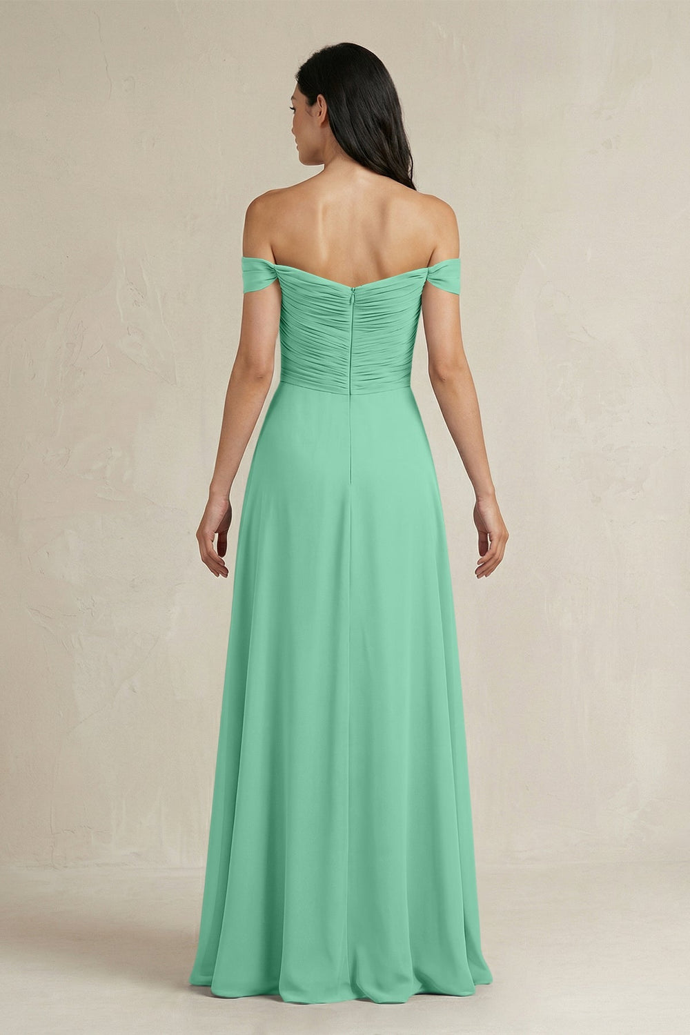 A - Line Pleated Off - the - Shoulder Chiffon Bridesmaid Dress in Turquoise - KISS BRIDAL Bridesmaid Dresses