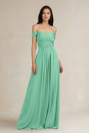 A - Line Pleated Off - the - Shoulder Chiffon Bridesmaid Dress in Turquoise - KISS BRIDAL Bridesmaid Dresses