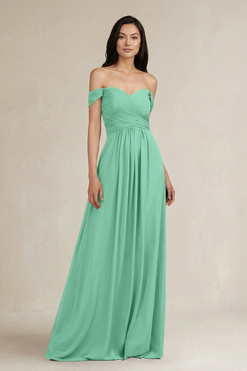 A - Line Pleated Off - the - Shoulder Chiffon Bridesmaid Dress in Turquoise - KISS BRIDAL Bridesmaid Dresses