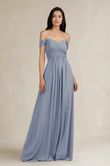 A - Line Pleated Off - the - Shoulder Chiffon Bridesmaid Dress in Twilight - KISS BRIDAL Bridesmaid Dresses